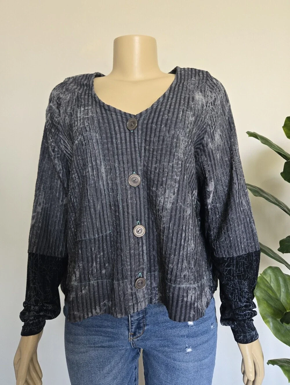 RARE Dress To Kill Jane Mohr Grey Striped Crinkle Lagenlook Jacket Top OS